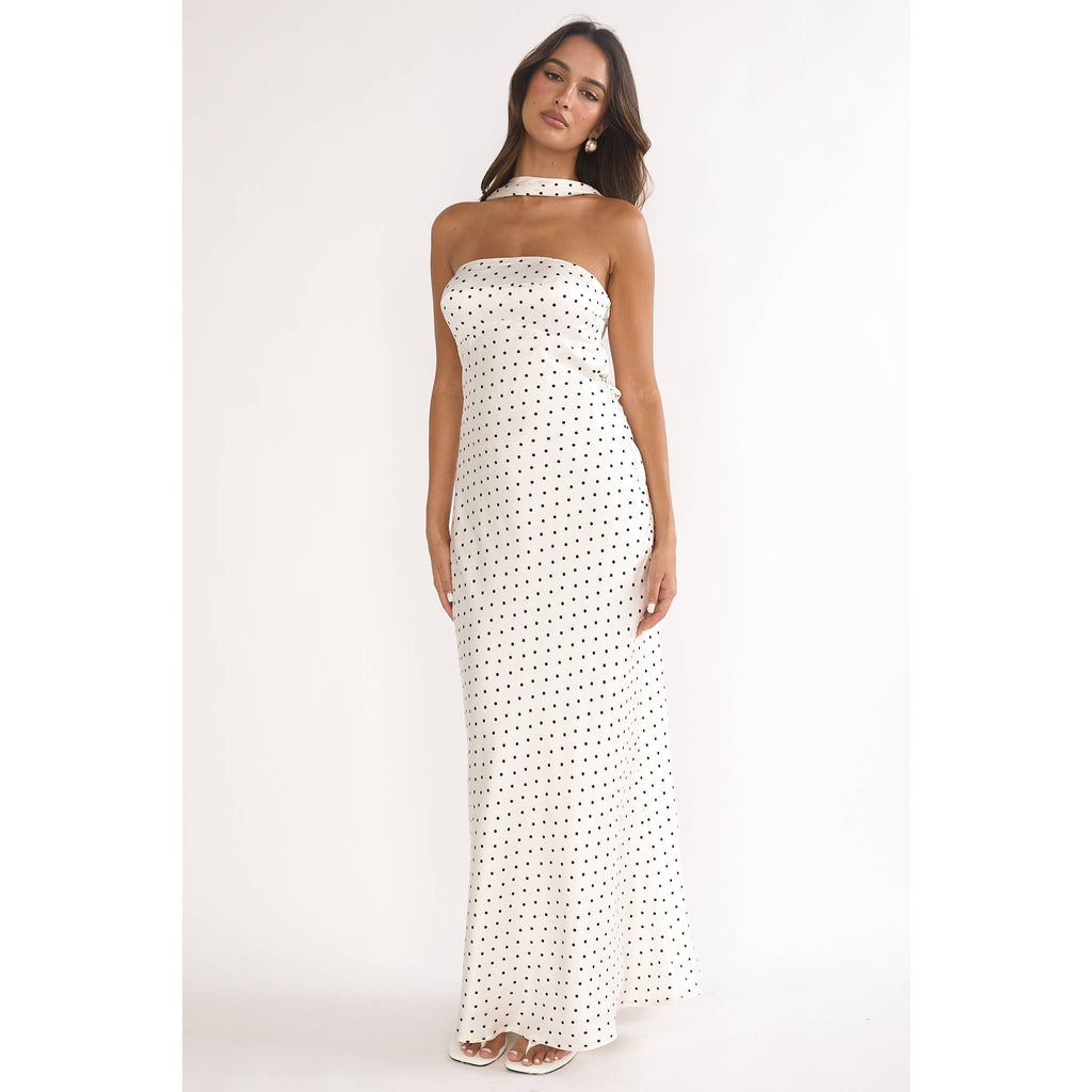 STRAPLESS POLKA DOT HALTER MAXI DRESS