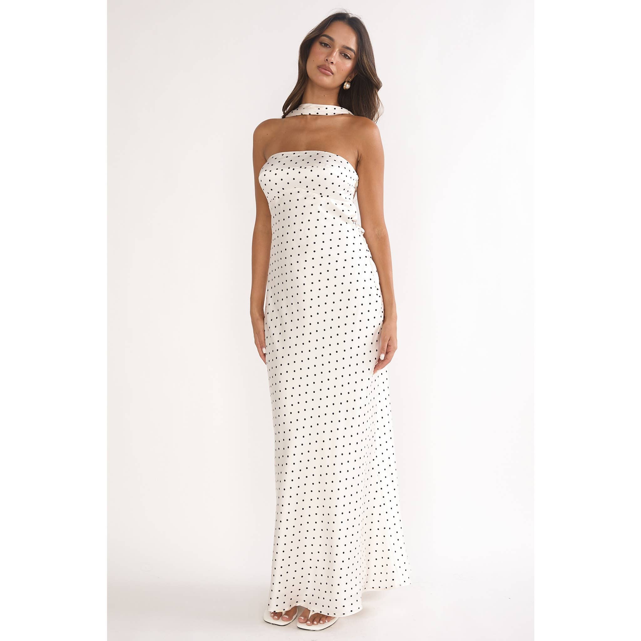 STRAPLESS POLKA DOT HALTER MAXI DRESS