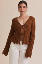 FRONT TIE BELL SLEEVE OPEN KNIT CARDIGAN