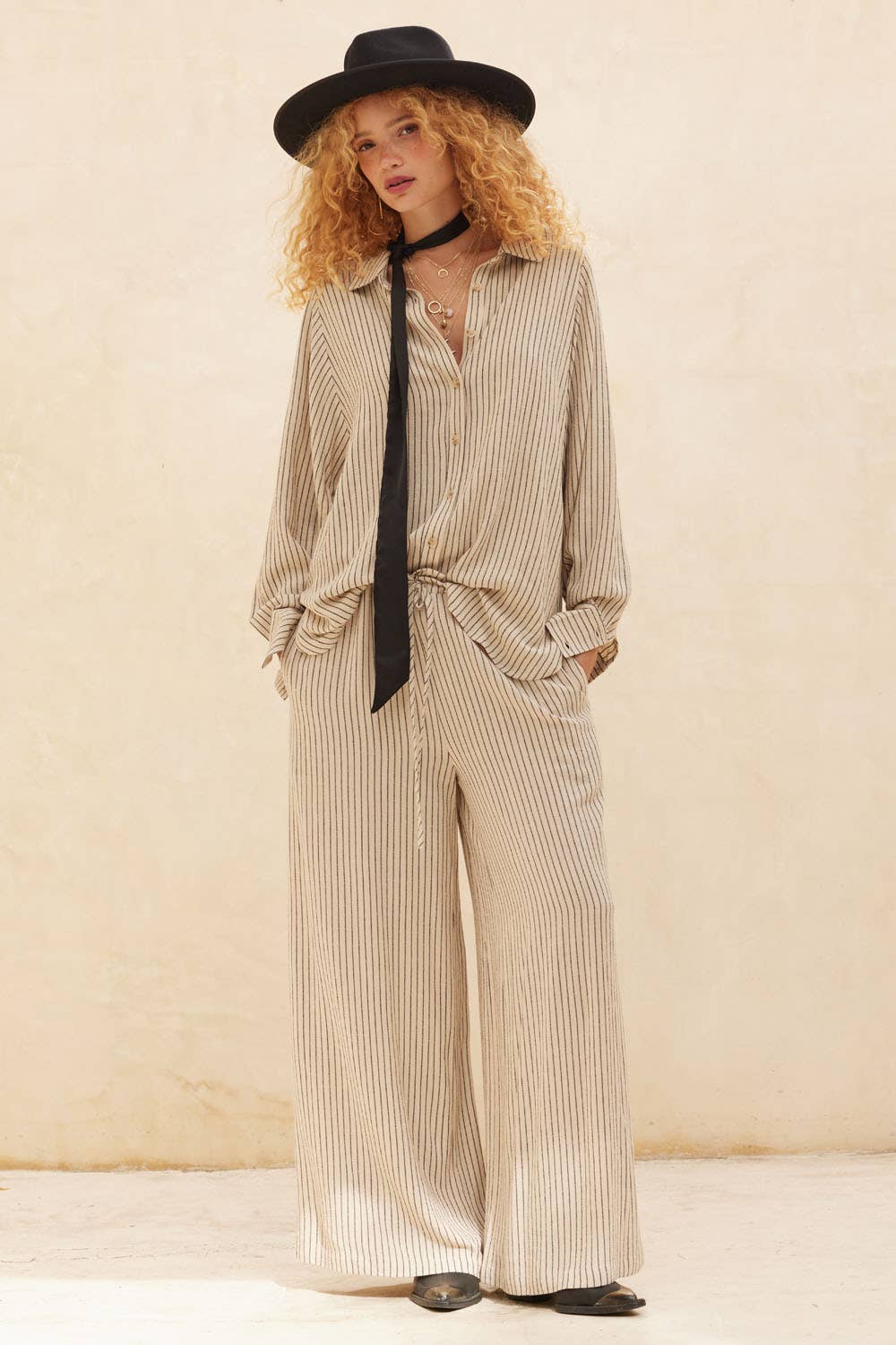 Striped Drawstring Wide-Leg Pocket Pants