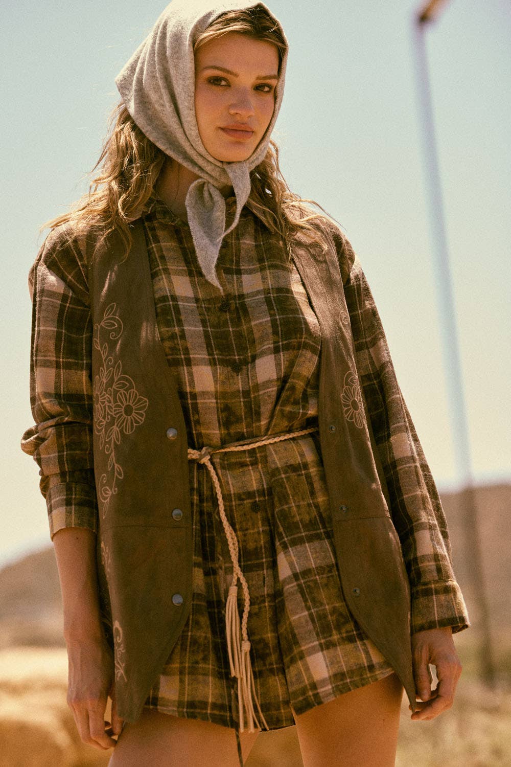 Plaid Flannel Button-Up Belted Shirt Romper