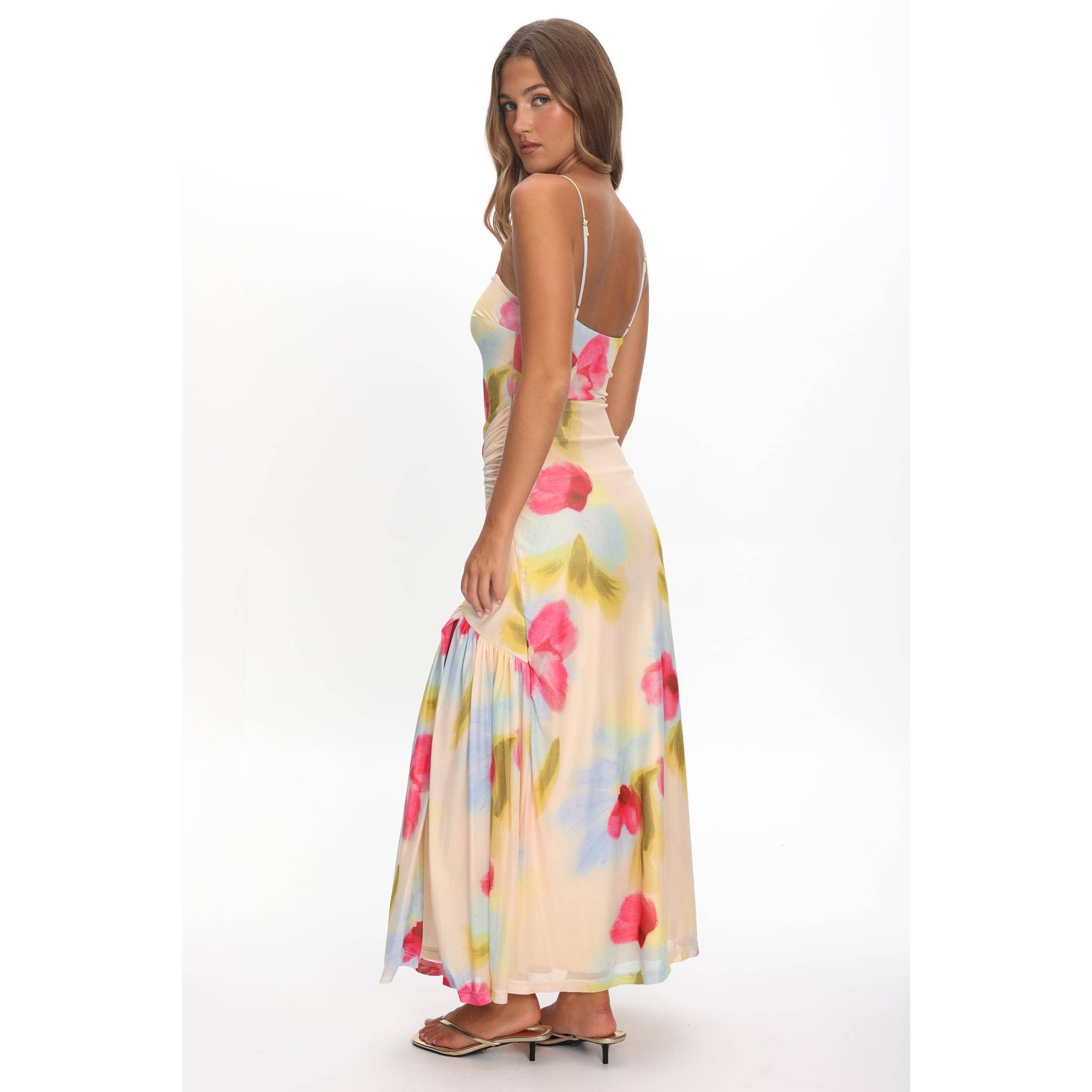 BANDEAU RUCHED FLORAL MAXI DRESS