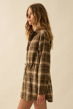 Plaid Flannel Button-Up Belted Shirt Romper