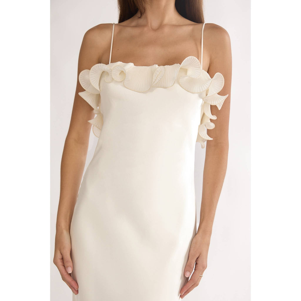 ASYMMETRICAL OFF SHOULDER RUFFLES MIDI DRESS