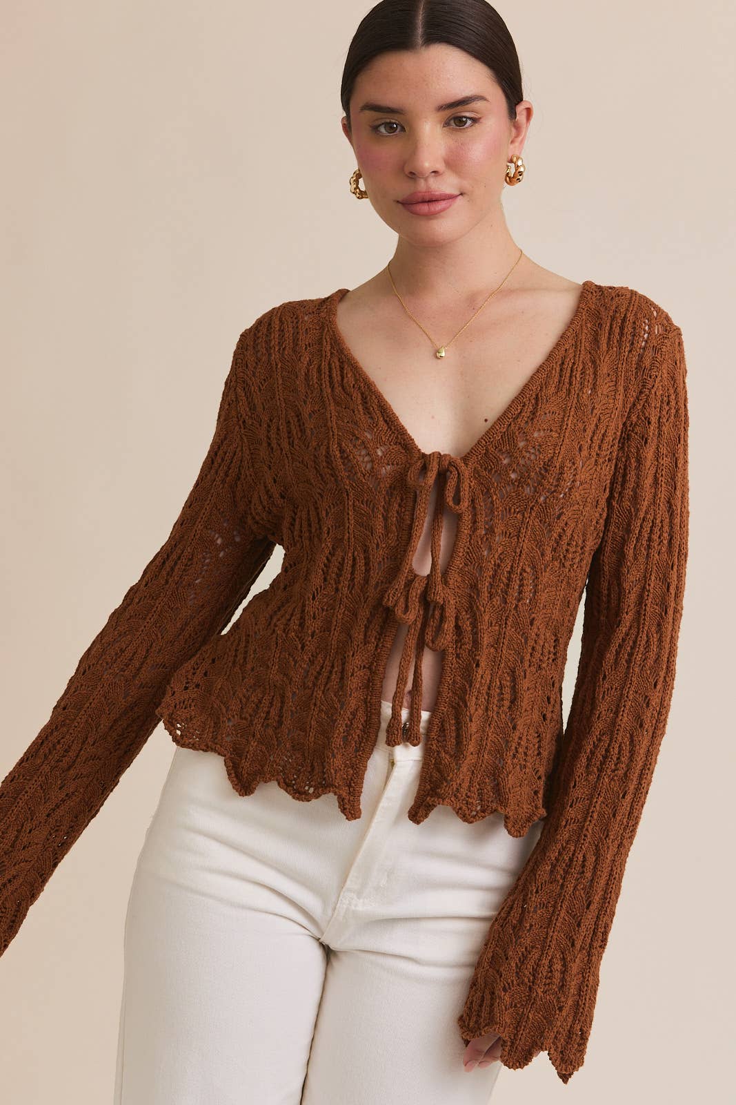 FRONT TIE BELL SLEEVE OPEN KNIT CARDIGAN