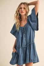 DENIM BUTTERFLY SLEEVE LOOSE FIT FLARED ROMPER