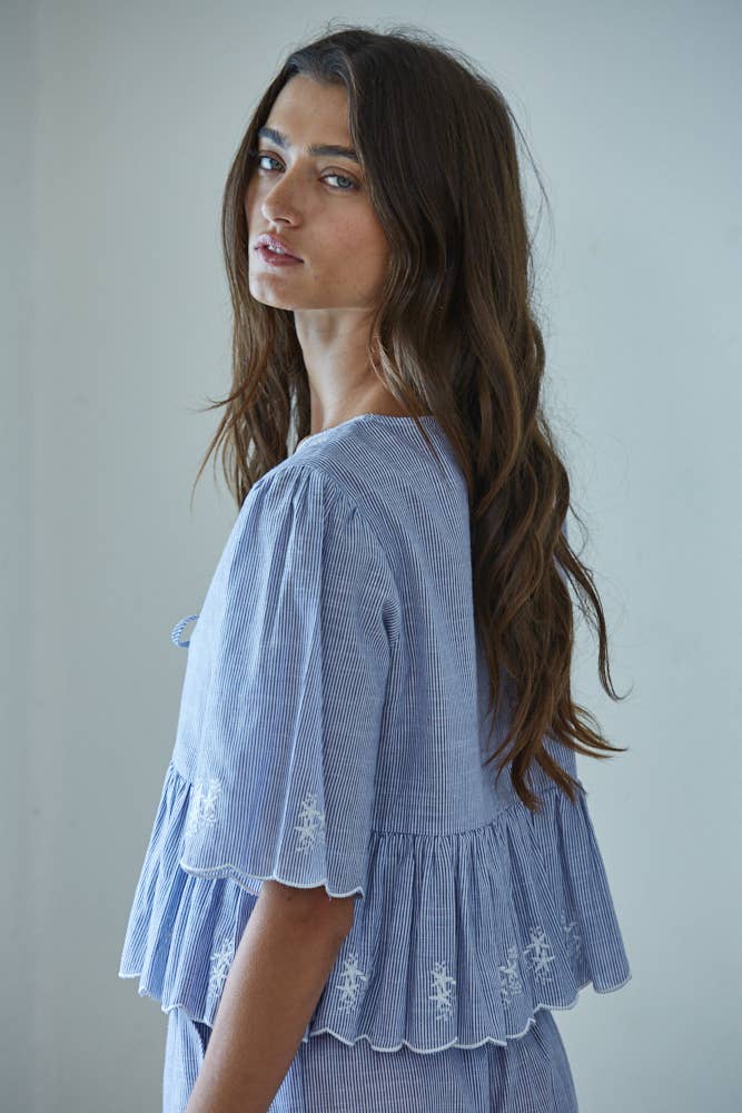 Woven Cotton Striped Embroidered Detail Set