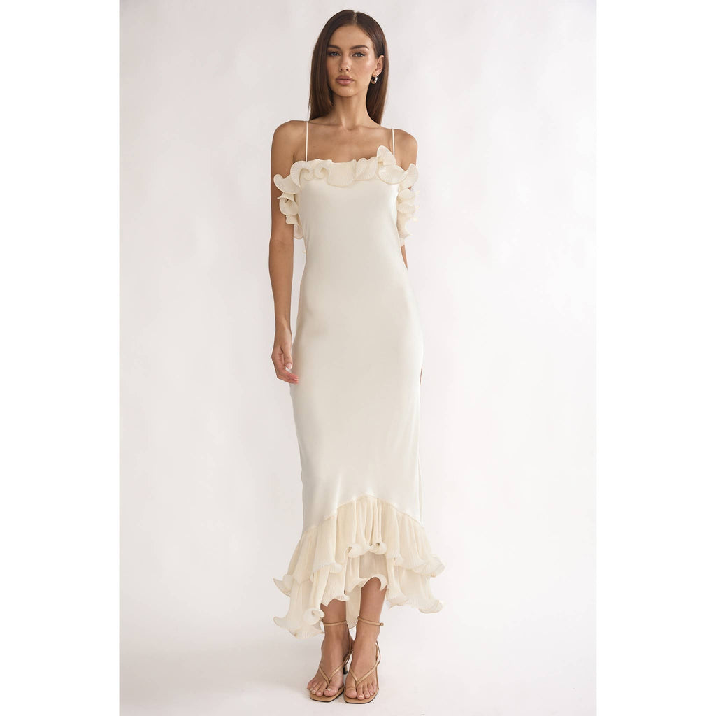 ASYMMETRICAL OFF SHOULDER RUFFLES MIDI DRESS