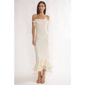 ASYMMETRICAL OFF SHOULDER RUFFLES MIDI DRESS