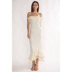 ASYMMETRICAL OFF SHOULDER RUFFLES MIDI DRESS