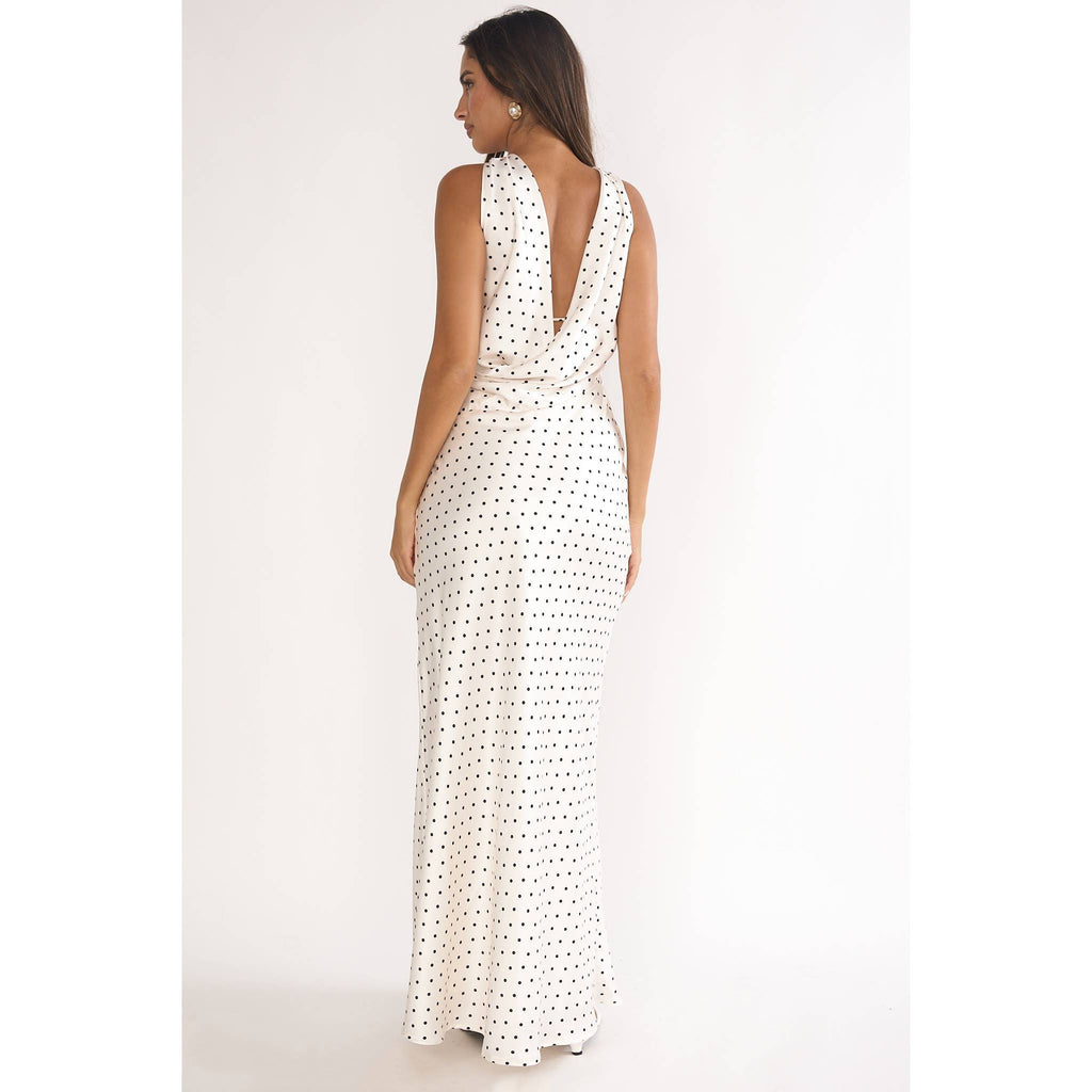 STRAPLESS POLKA DOT HALTER MAXI DRESS