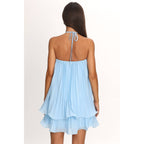 SLEEVELESS HALTER FLORAL PLEATED MINI DRESS