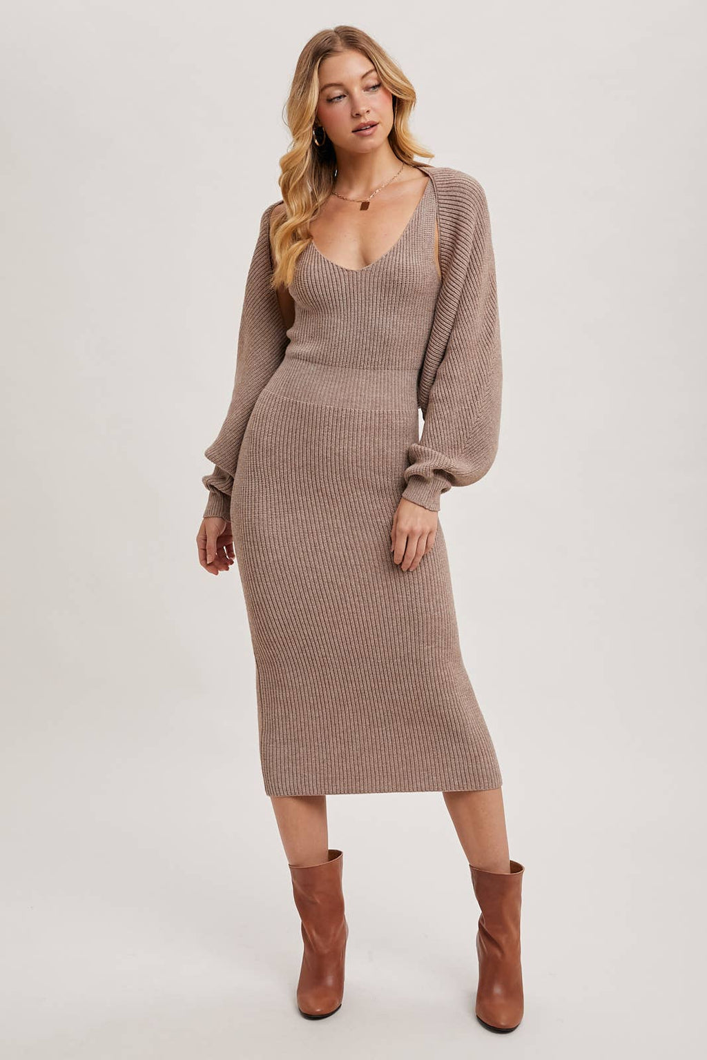 V-NECK KNIT MIDI DRESS AND KNIT SHRUG SET